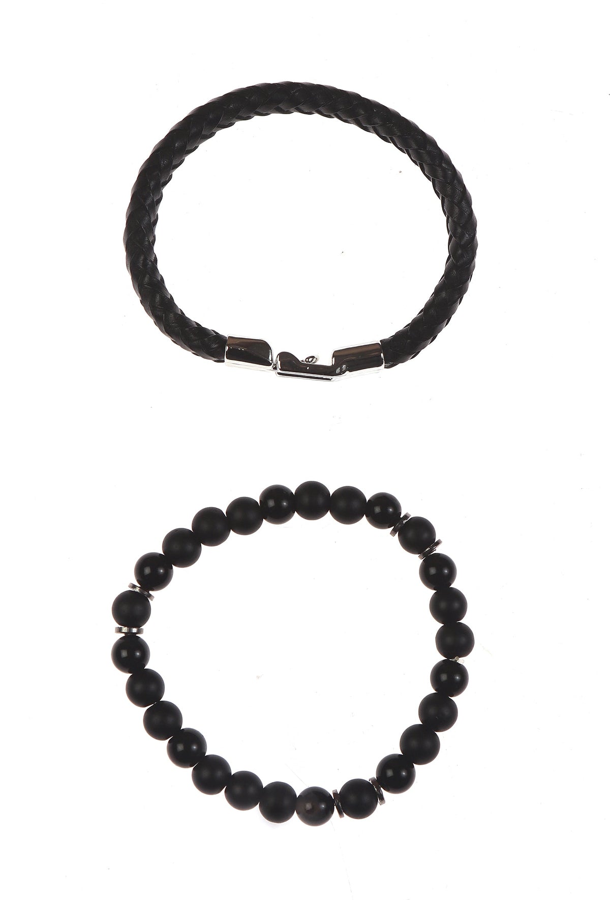 Steel Leather & Matte Black Onyx Bracelet Duo