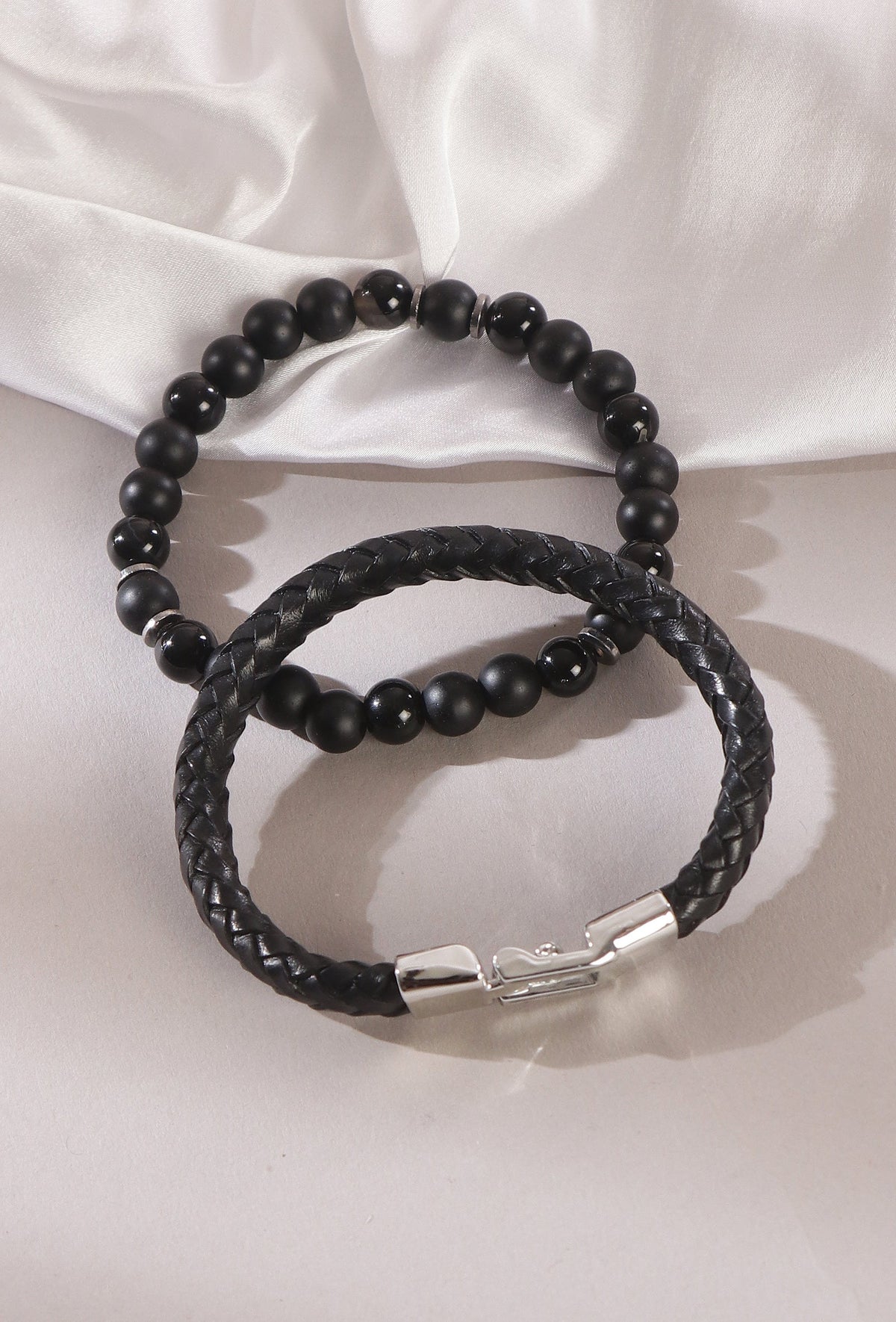 Steel Leather & Matte Black Onyx Bracelet Duo