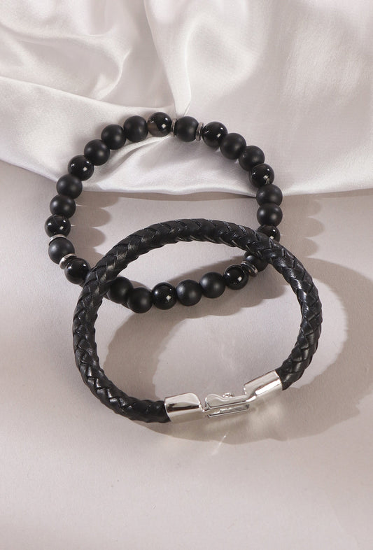 Steel Leather & Matte Black Onyx Bracelet Duo