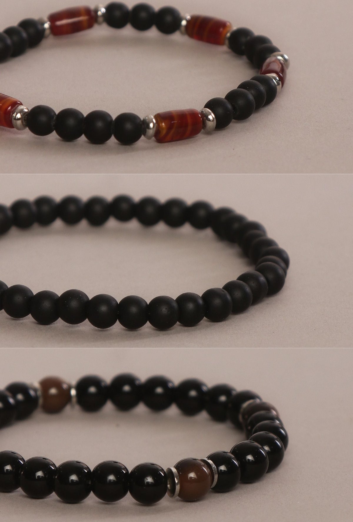 Matte Black Onyx Carnelian Agate & Black Agate Natural Stone Unisex Bracelets - Set Of 3