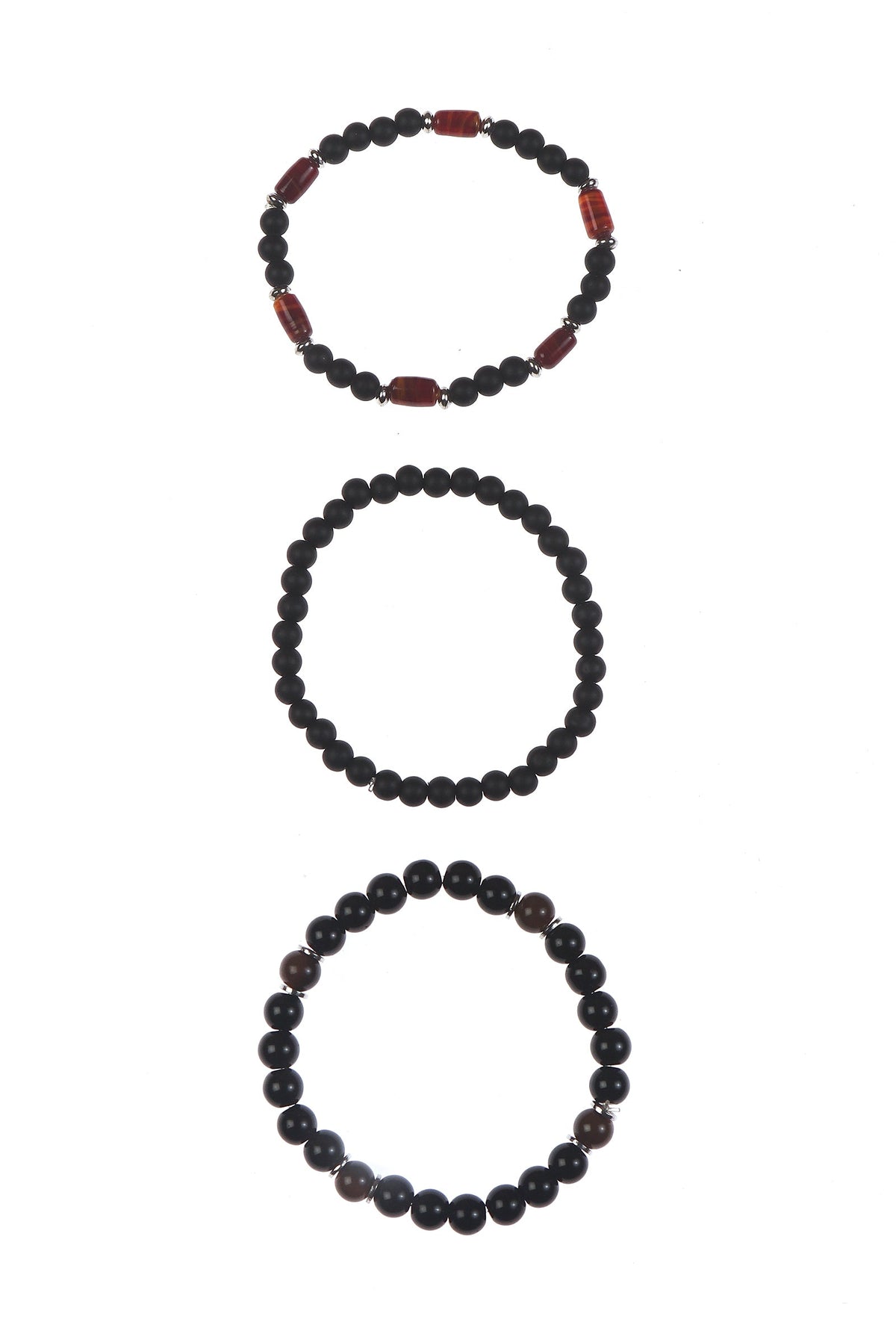 Matte Black Onyx Carnelian Agate & Black Agate Natural Stone Unisex Bracelets - Set Of 3