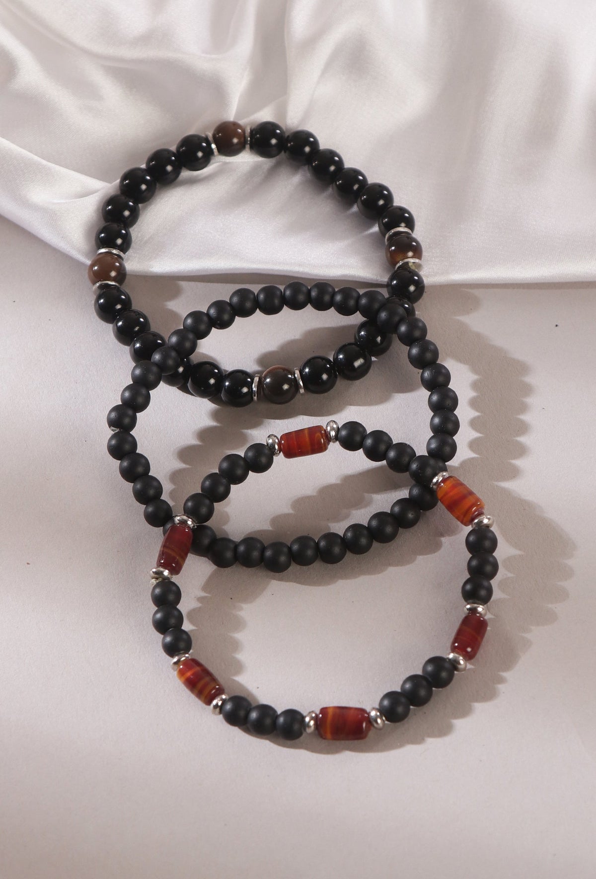 Matte Black Onyx Carnelian Agate & Black Agate Natural Stone Unisex Bracelets - Set Of 3