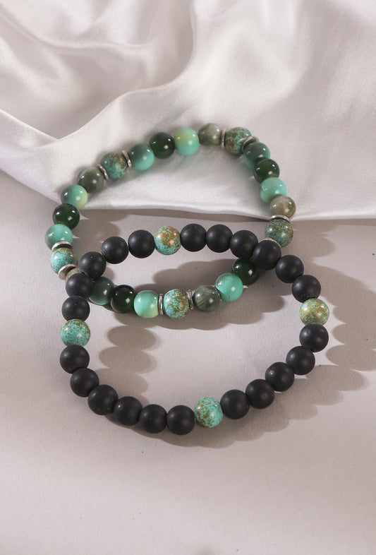 Onyx & African Turquoise Natural Stone Bracelet Duo