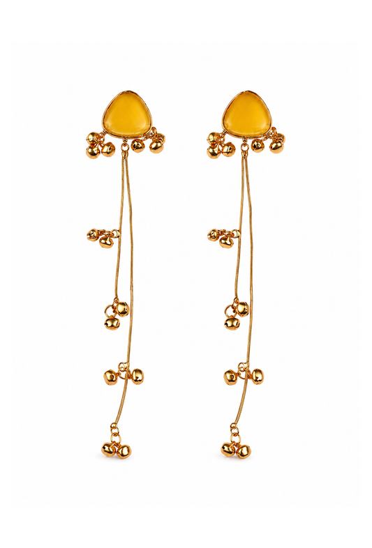 Kashmiri Gold-Tone Yellow Stone Long Dangler Earrings