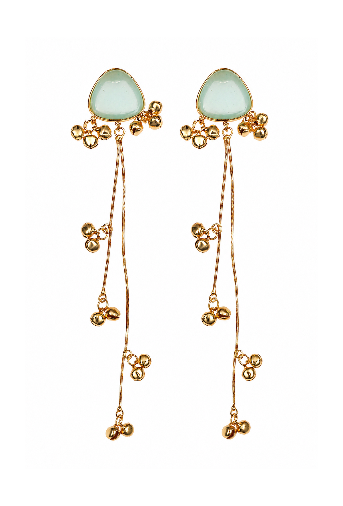 Kashmiri Mint Green Stone Gold-Tone Long Dangler Earrings