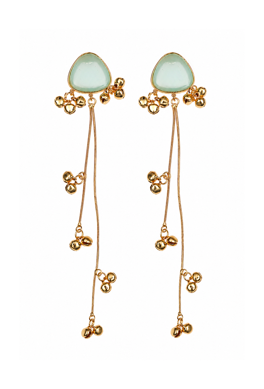 Kashmiri Mint Green Stone Gold-Tone Long Dangler Earrings