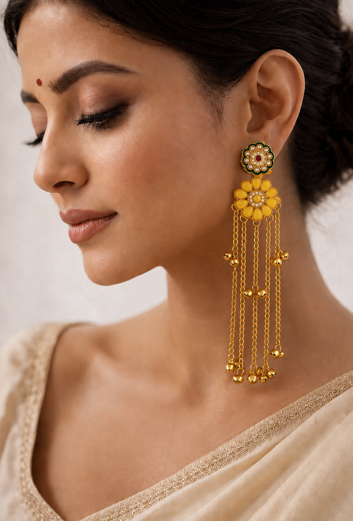 Kashmiri Yellow Floral Pearl Long Dangler Earrings