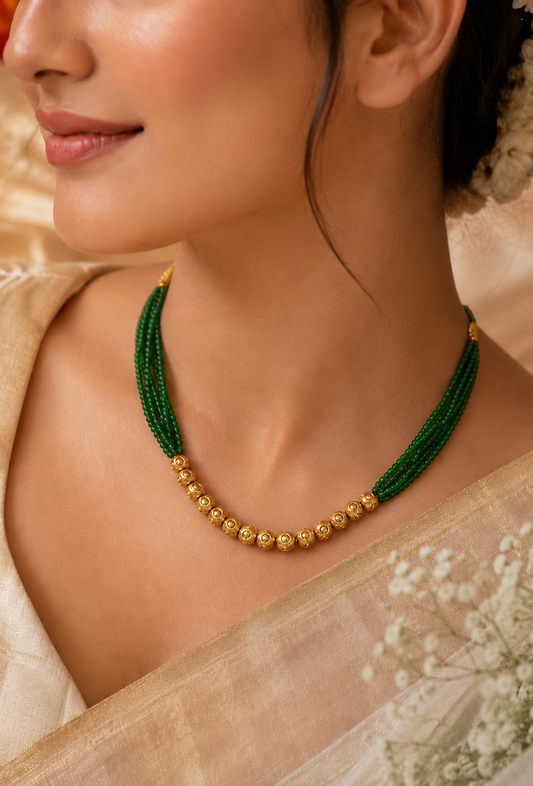Emerald Green Multi-Strand Gold Beaded Necklace