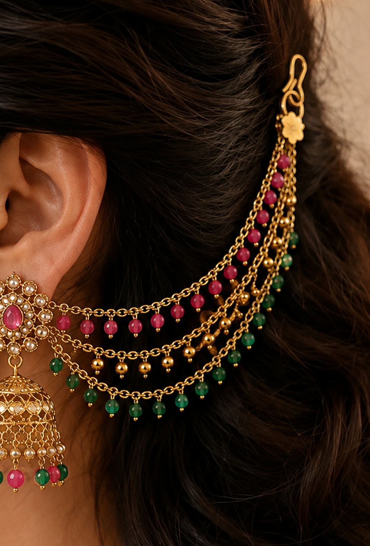 Emerald & Pink Beaded Gold-Tone Chain Earchain