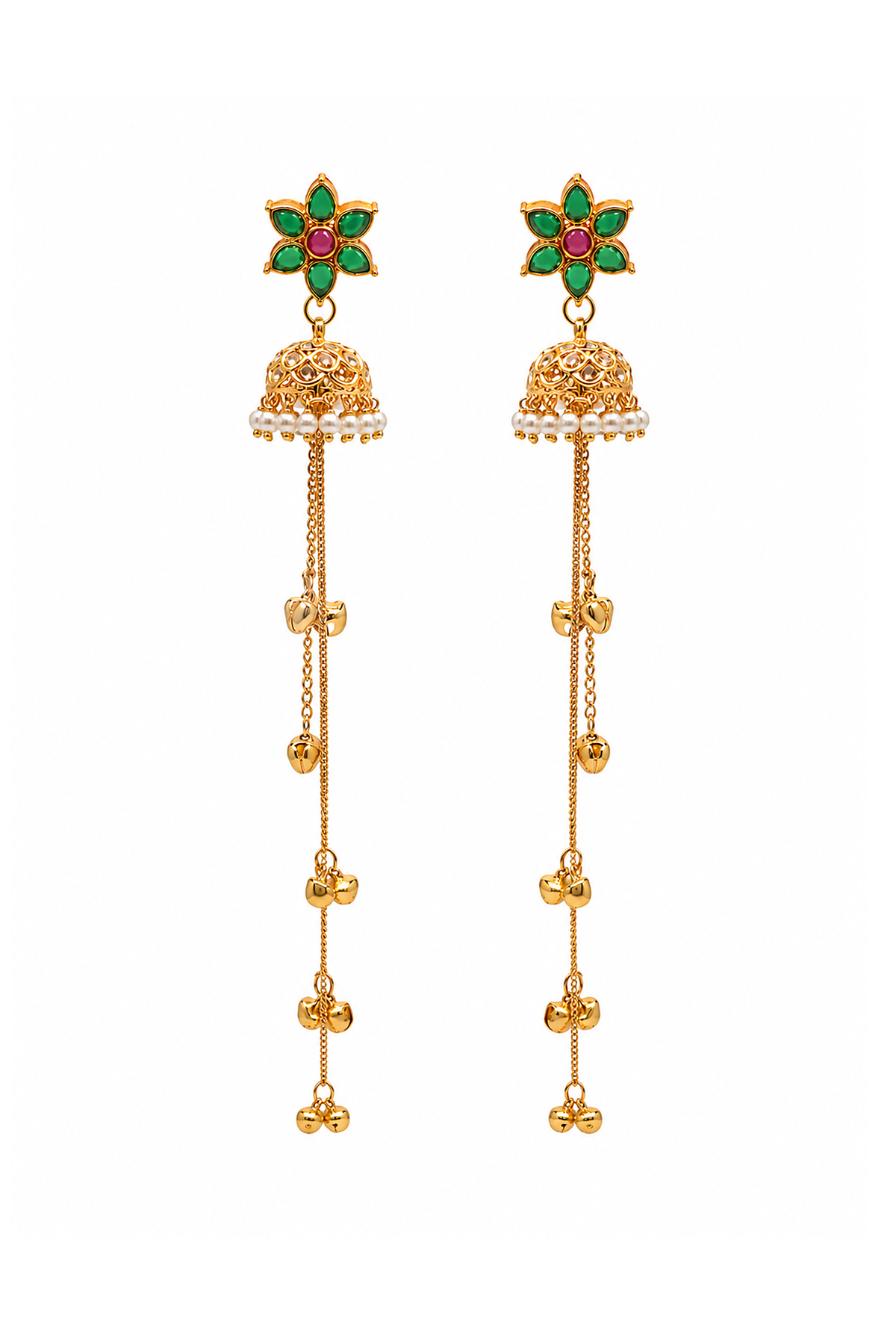 Kashmiri-Inspired Emerald Green Jhumka Long Dangler Earrings