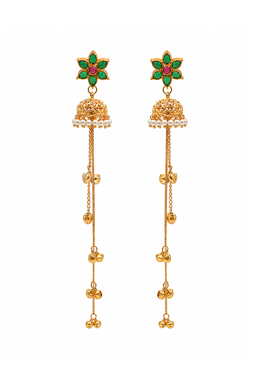 Kashmiri-Inspired Emerald Green Jhumka Long Dangler Earrings