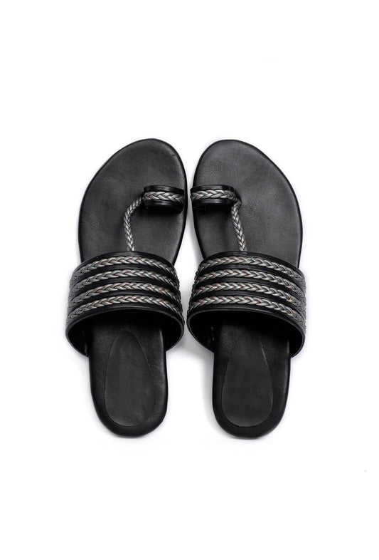 Black Knotted Cruelty Free Leather Kolhapuri Inspired サイズ EU38