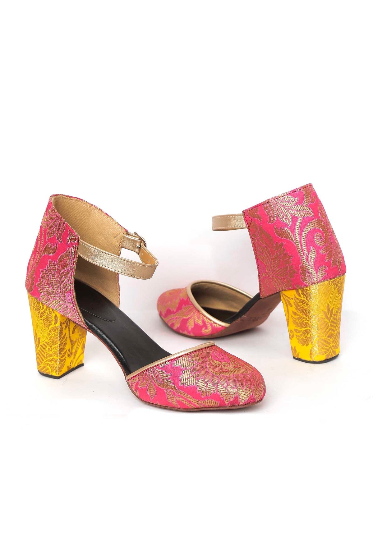 Yellow and Pink Brocade Block Heels サイズ EU40