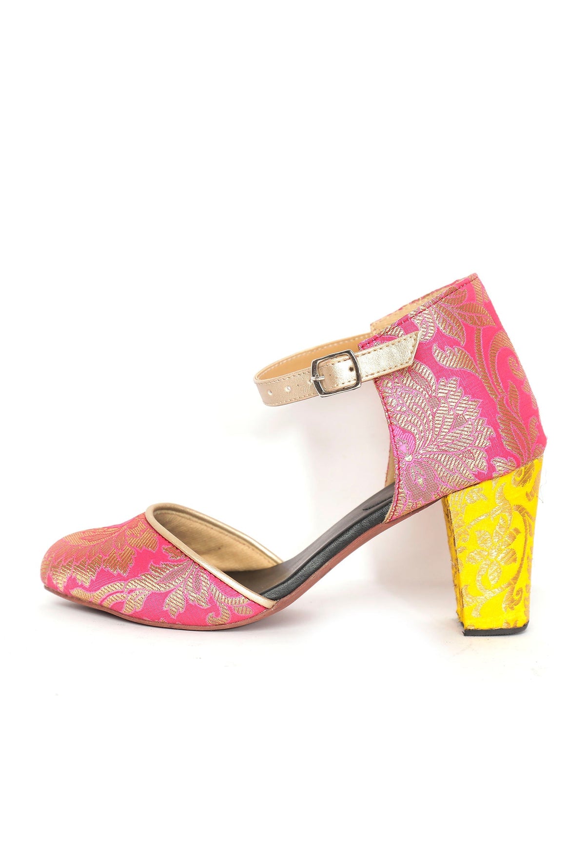 Yellow and Pink Brocade Block Heels サイズ EU42