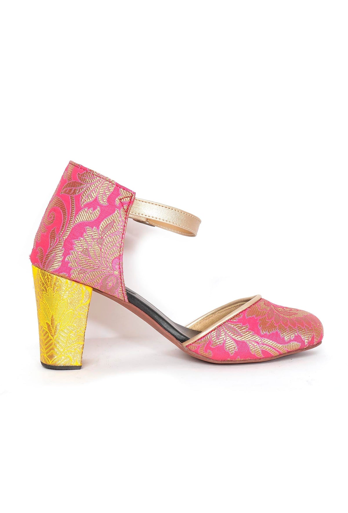 Yellow and Pink Brocade Block Heels サイズ EU36