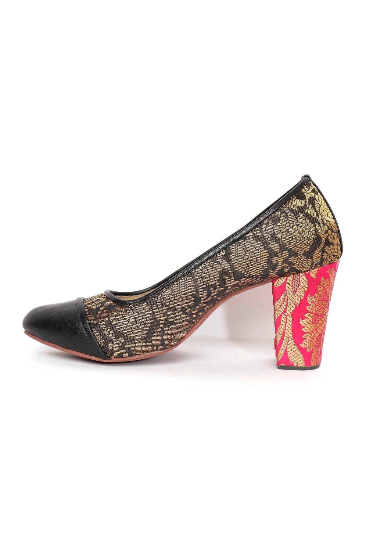 Black Brocade Heels with Pink Brocade Block Heels サイズ EU38