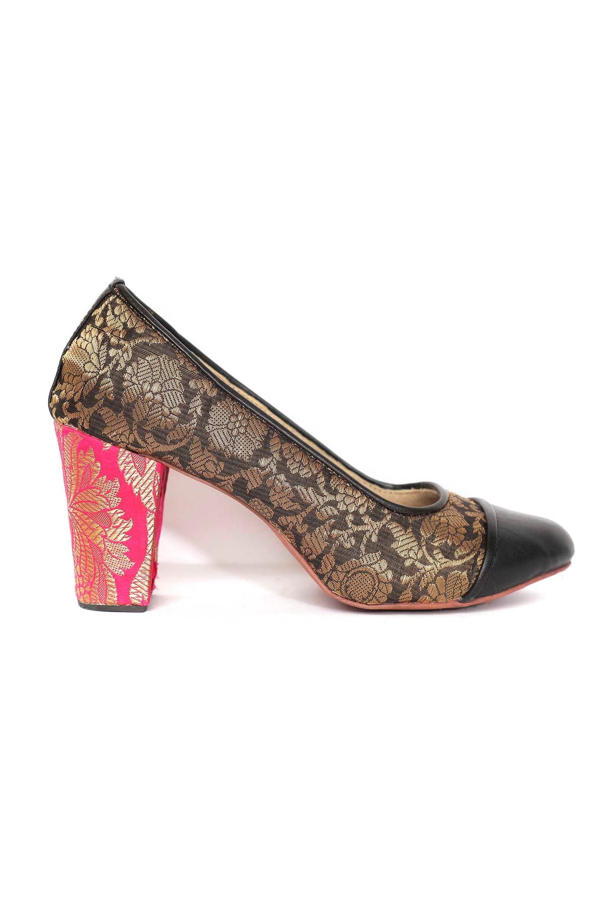 Black Brocade Heels with Pink Brocade Block Heels サイズ EU36
