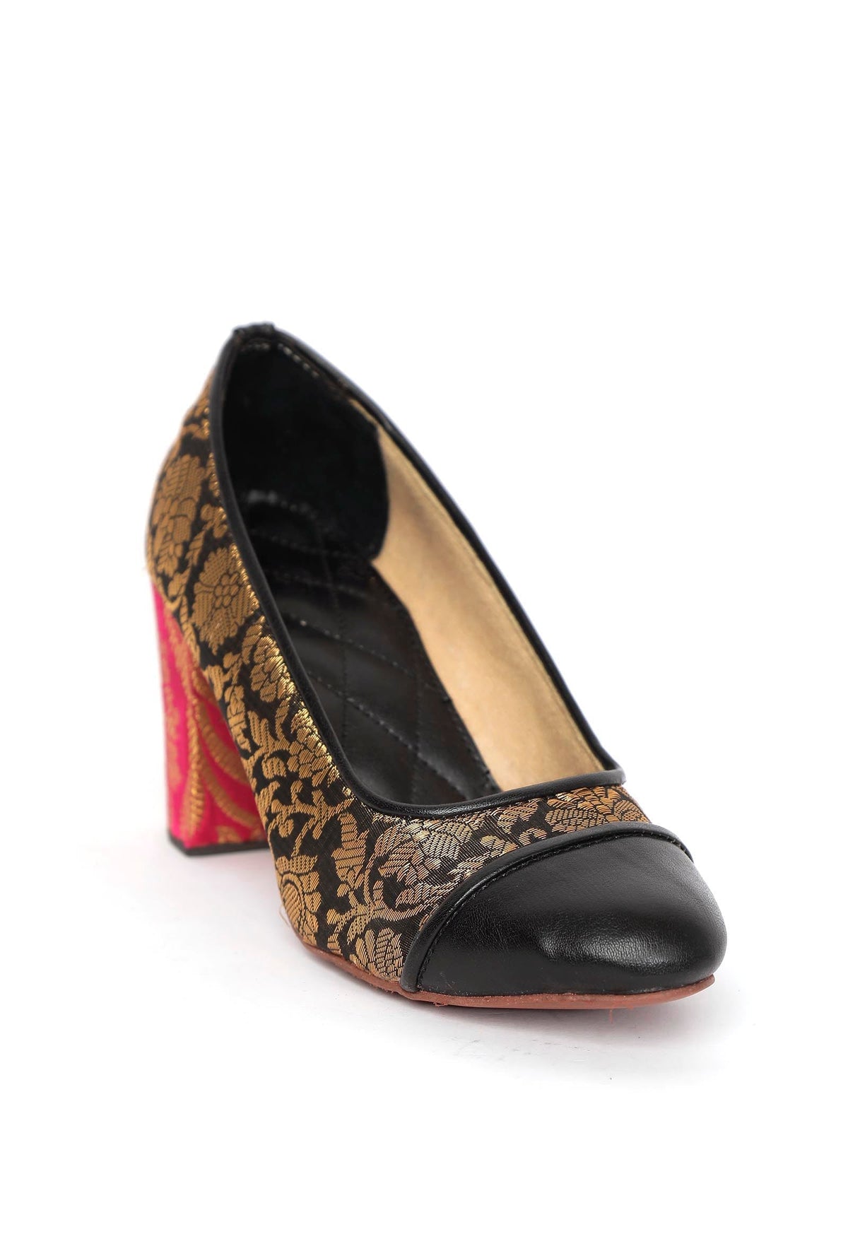 Black Brocade Heels with Pink Brocade Block Heels サイズ EU38