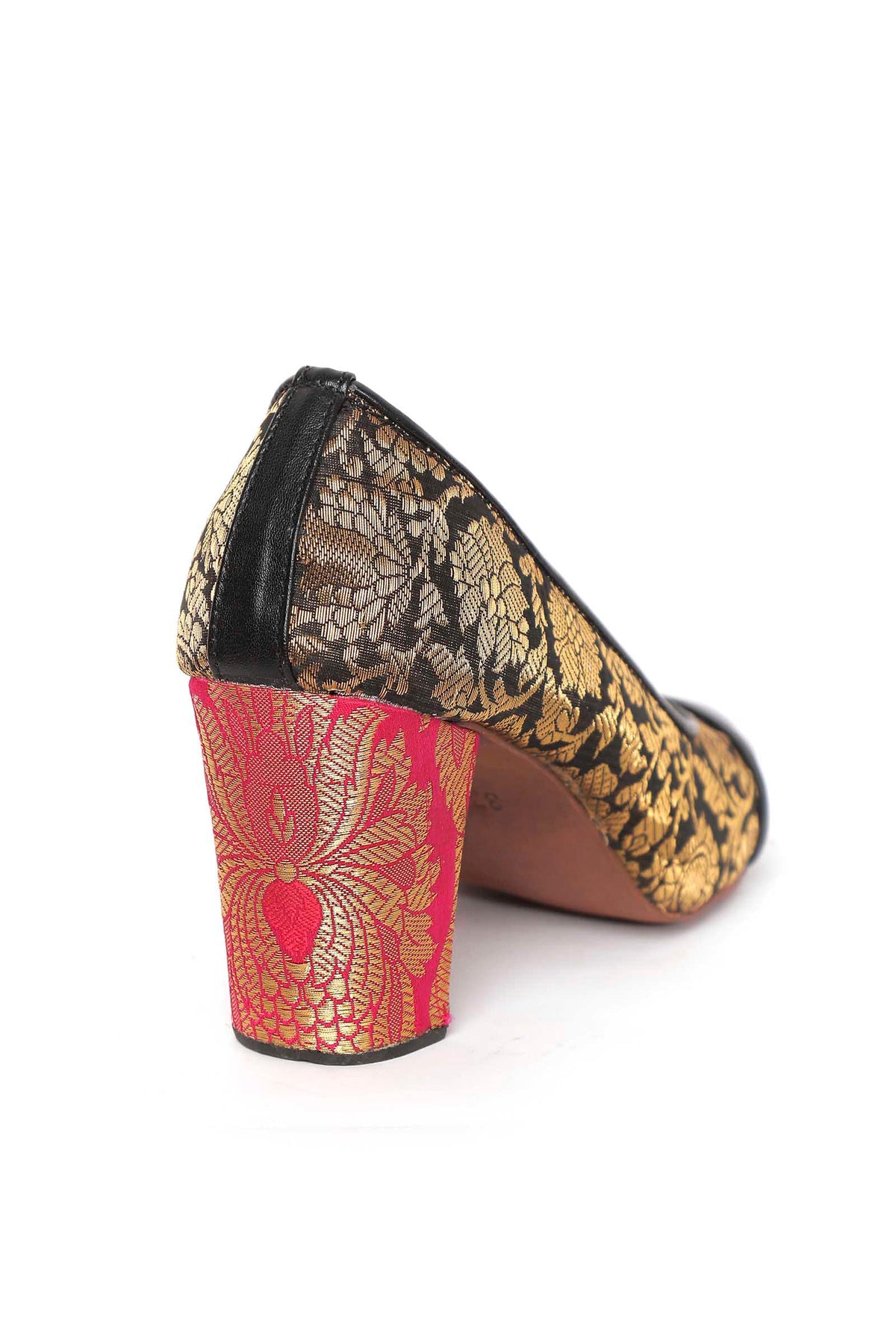 Black Brocade Heels with Pink Brocade Block Heels サイズ EU36
