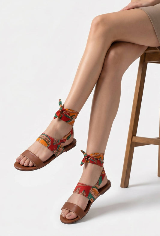 Red Kalamkari Tie Up Flats サイズ EU38