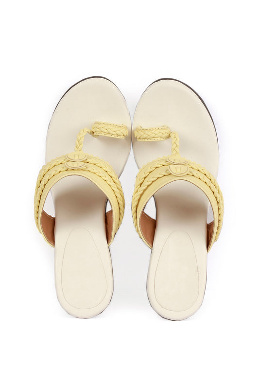 Yellow and White Vegan Leather Kolhapuri Wedges サイズ EU38