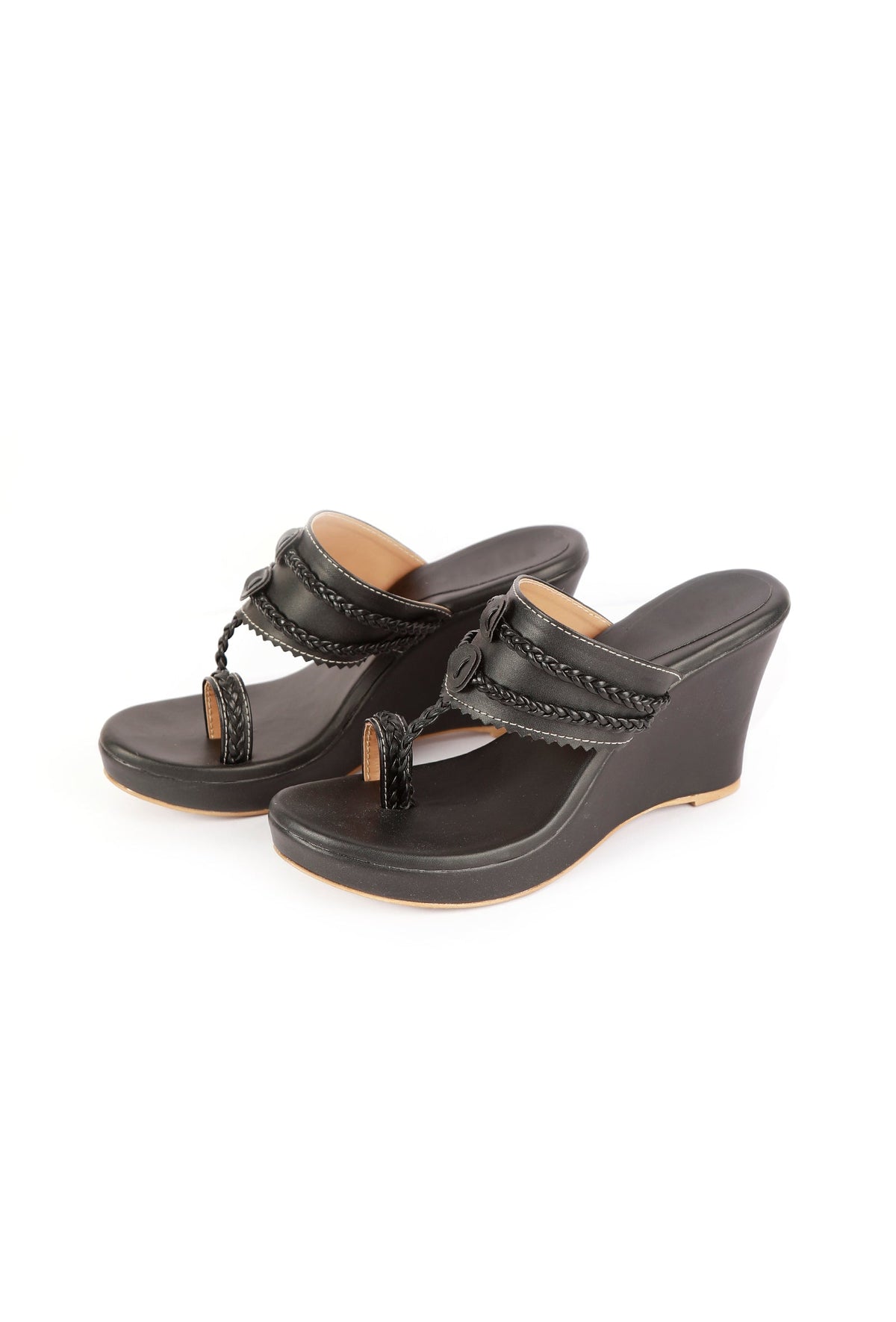 Classic Black Vegan Leather Kolhapuri Wedges サイズ EU39