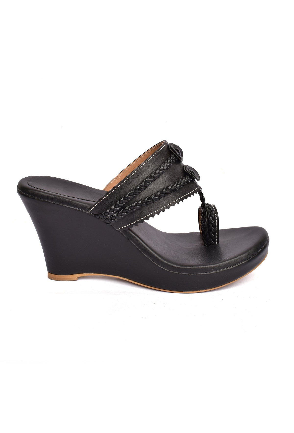 Classic Black Vegan Leather Kolhapuri Wedges サイズ EU39