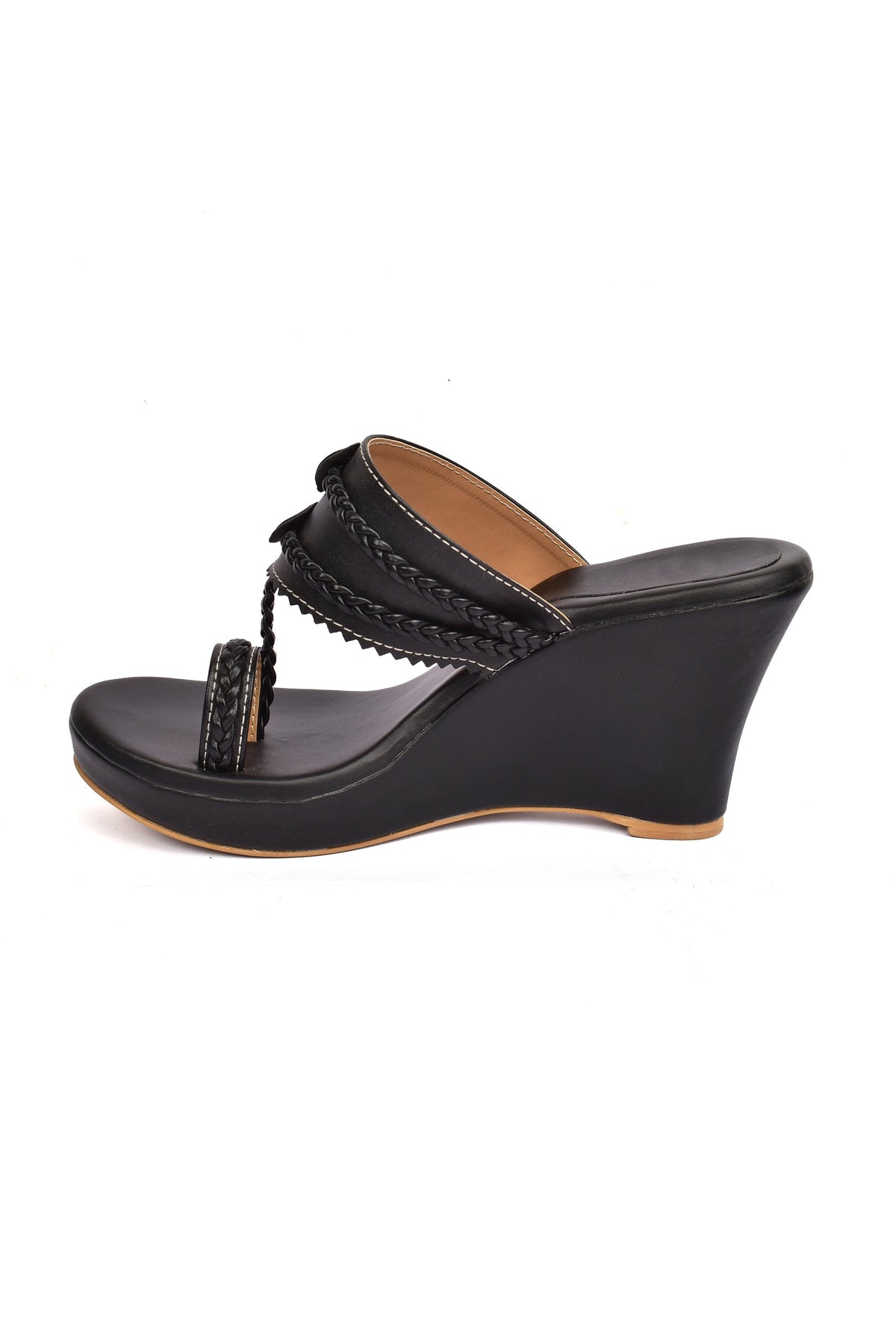 Classic Black Vegan Leather Kolhapuri Wedges サイズ EU38