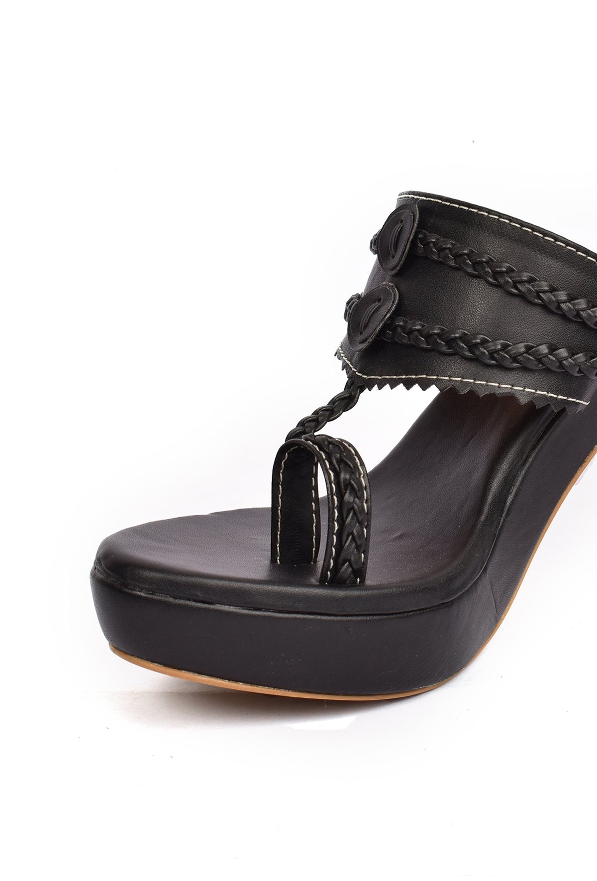Classic Black Vegan Leather Kolhapuri Heels サイズ EU38