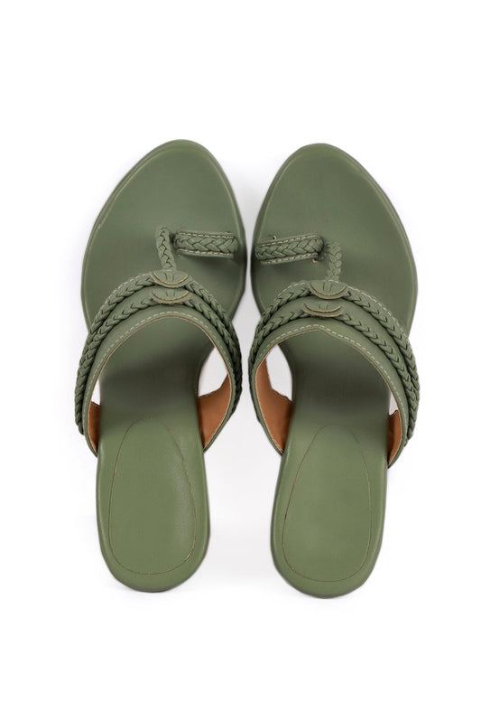 Olive Green Vegan Leather Kolhapuri Heels サイズ EU38
