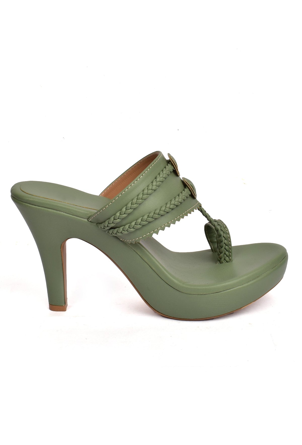 Olive Green Vegan Leather Kolhapuri Heels サイズ EU38