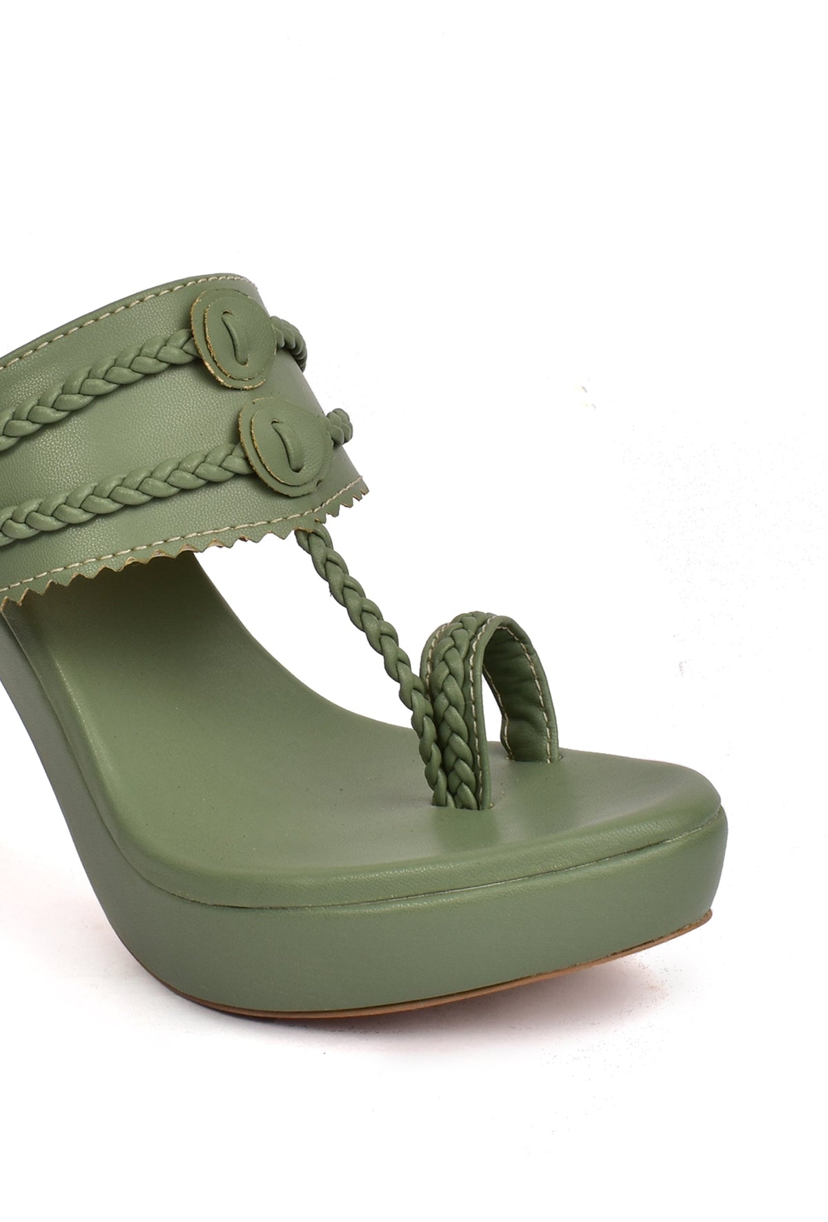 Olive Green Vegan Leather Kolhapuri Heels サイズ EU40
