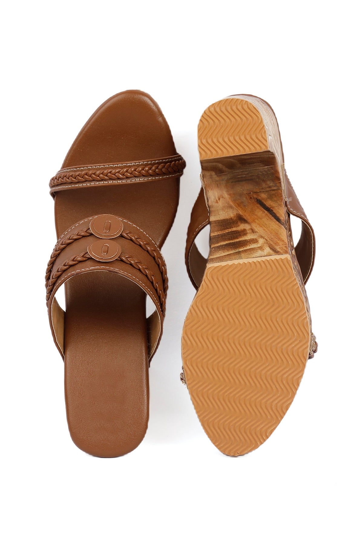 Tawny Brown Wooden Carved Braided Block Heels サイズ EU35