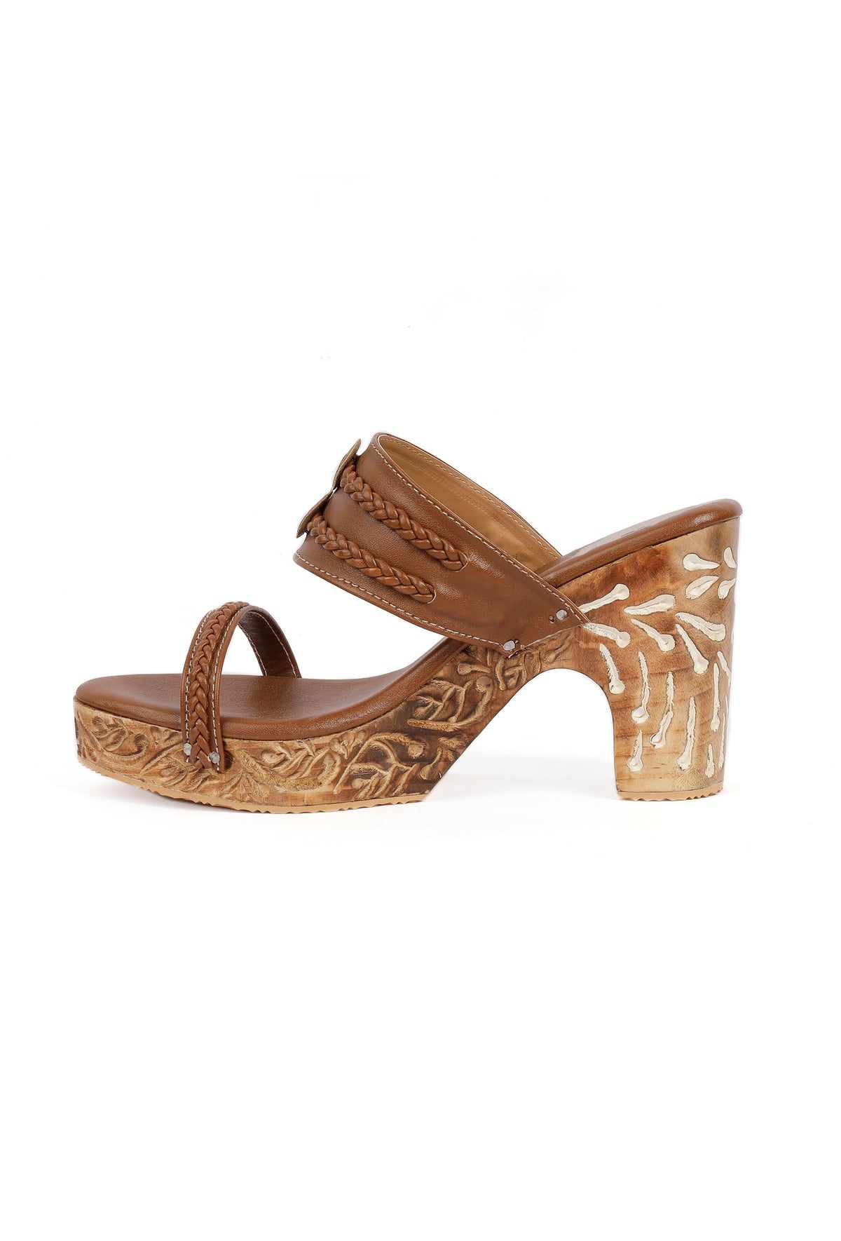 Tawny Brown Wooden Carved Braided Block Heels サイズ EU37