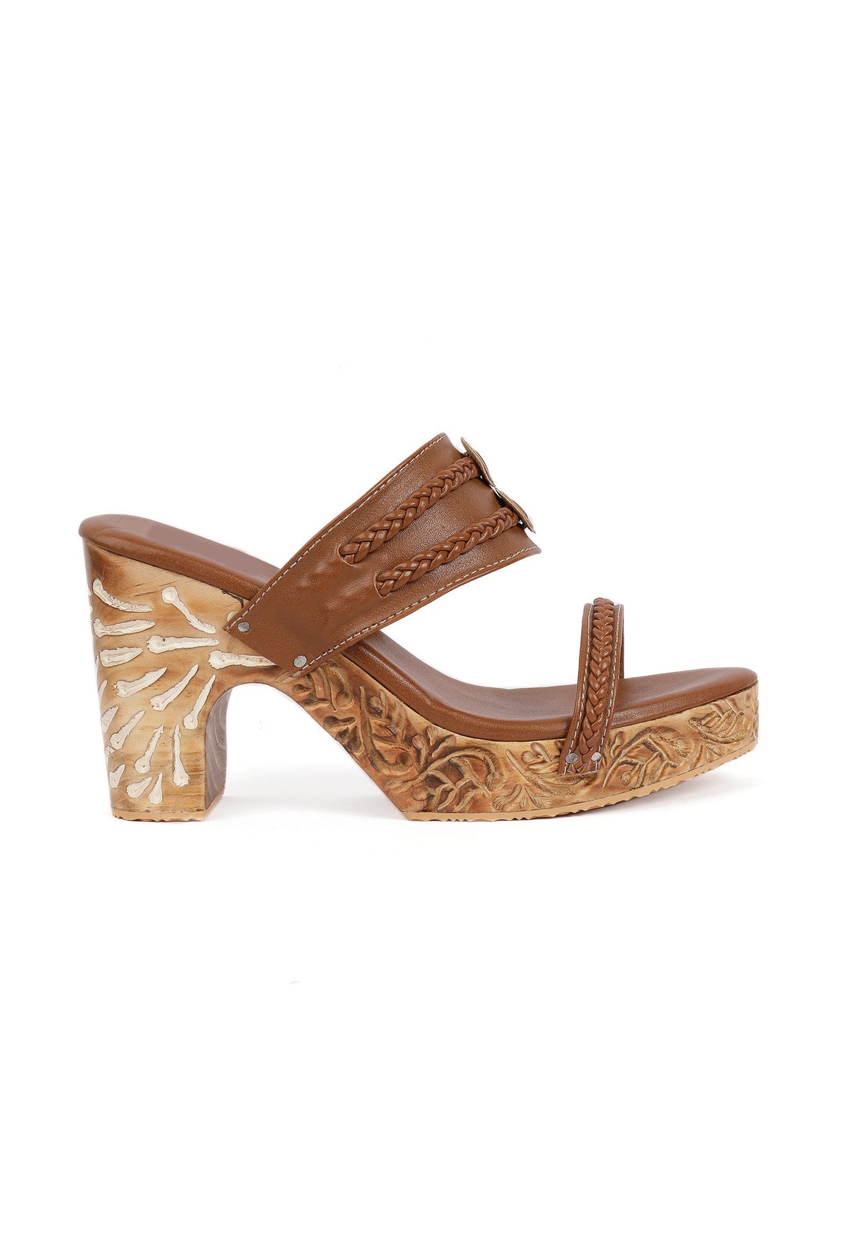 Tawny Brown Wooden Carved Braided Block Heels サイズ EU35