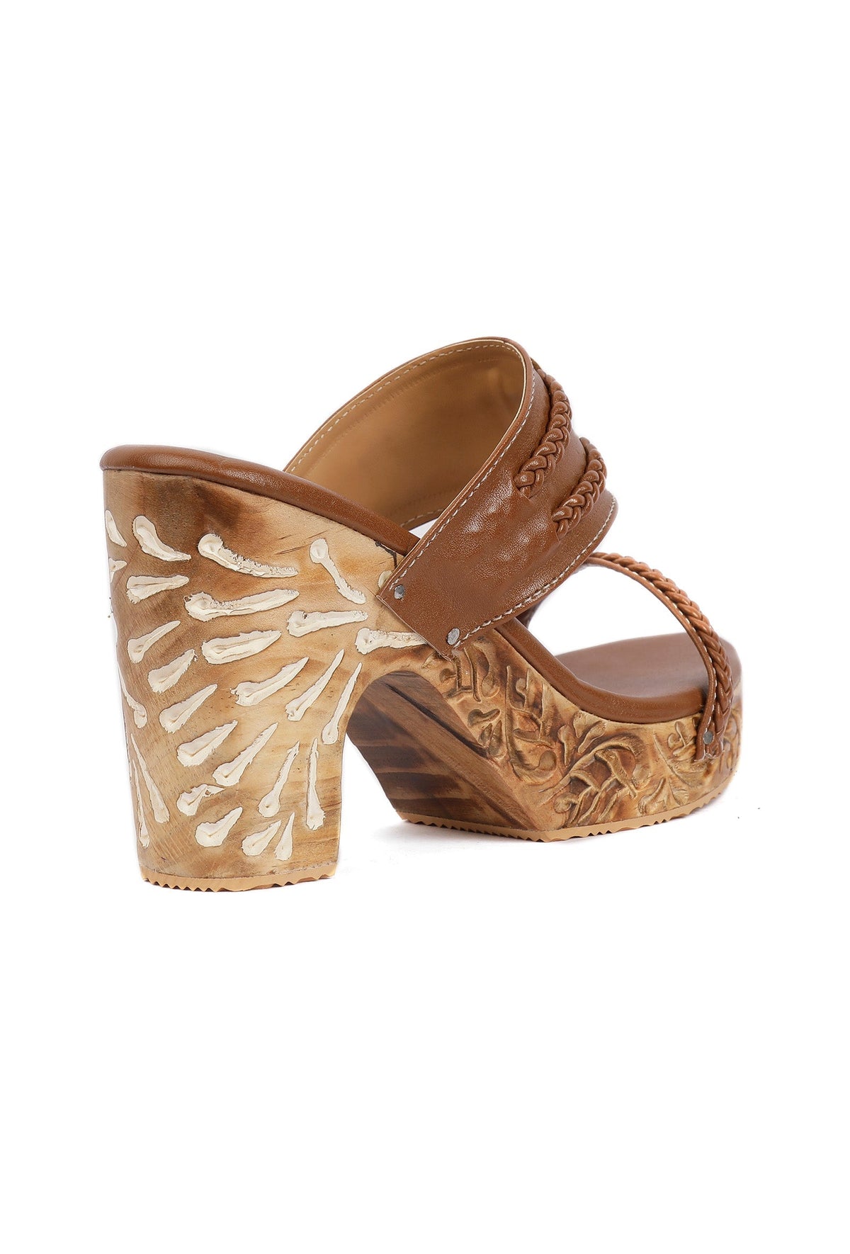 Tawny Brown Wooden Carved Braided Block Heels サイズ EU37