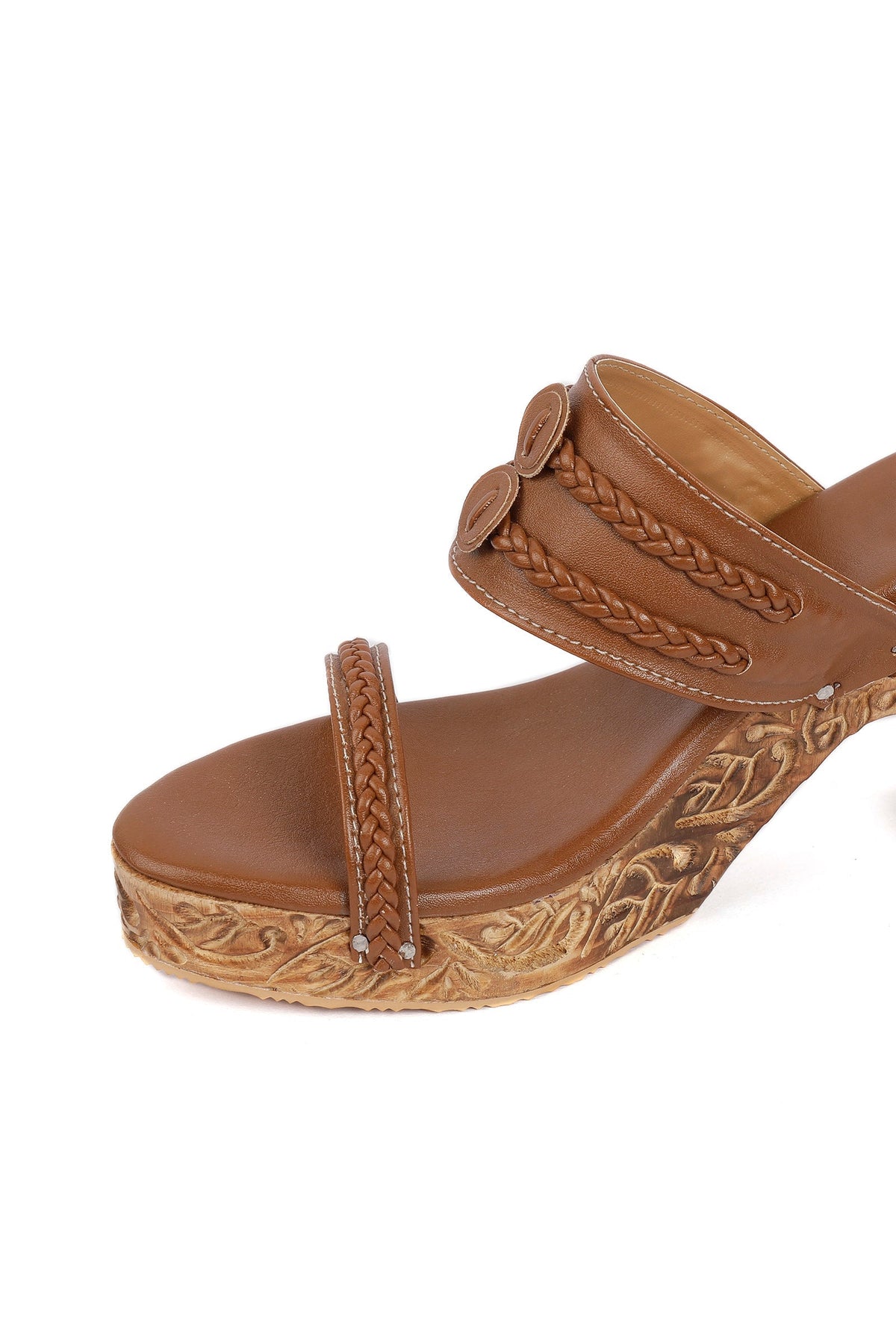 Tawny Brown Wooden Carved Braided Block Heels サイズ EU38