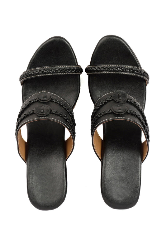 Black and Walnut Brown Wooden Carved Braided Solid Heels サイズ EU38