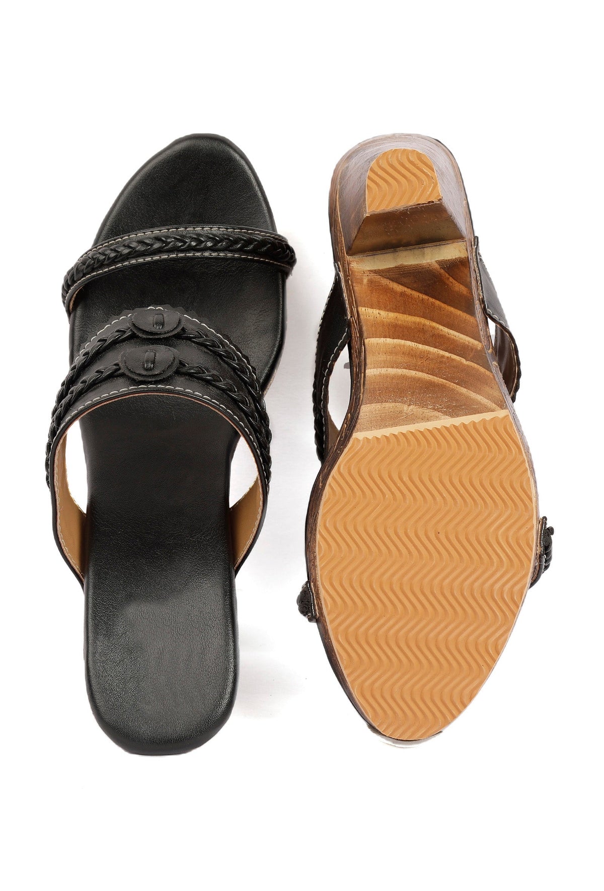 Black and Walnut Brown Wooden Carved Braided Solid Heels サイズ EU41