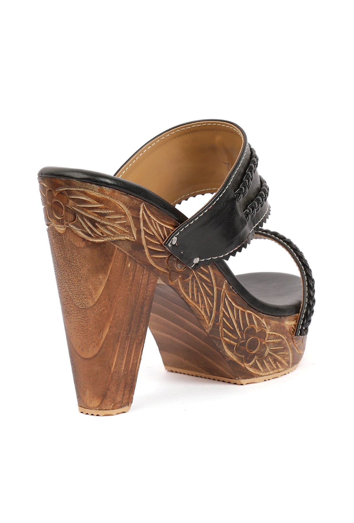 Black and Walnut Brown Wooden Carved Braided Solid Heels サイズ EU41