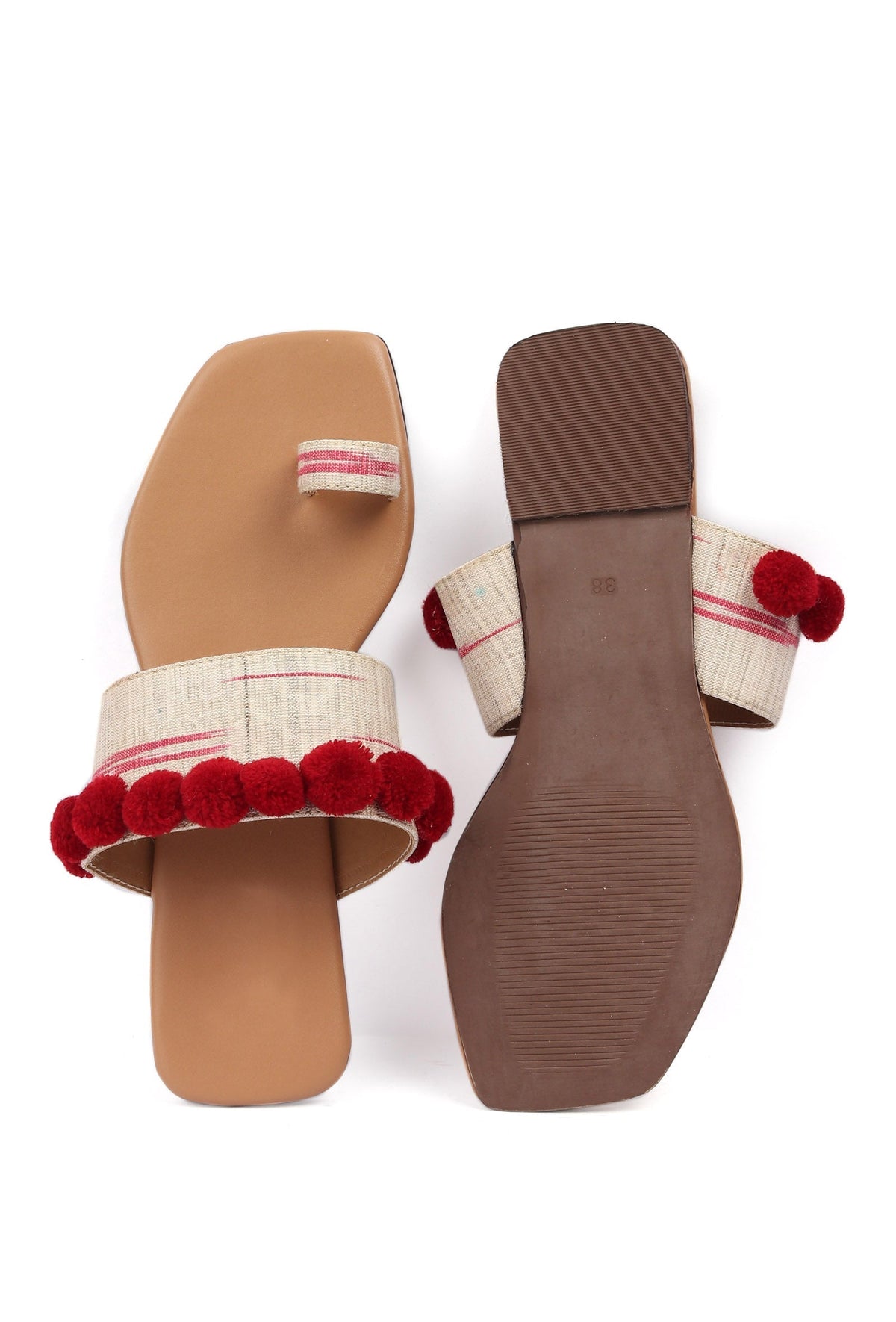 Tawny Brown Ikat One Toe Cruelty Free Leather Flats with Red Pom Pom サイズ EU38