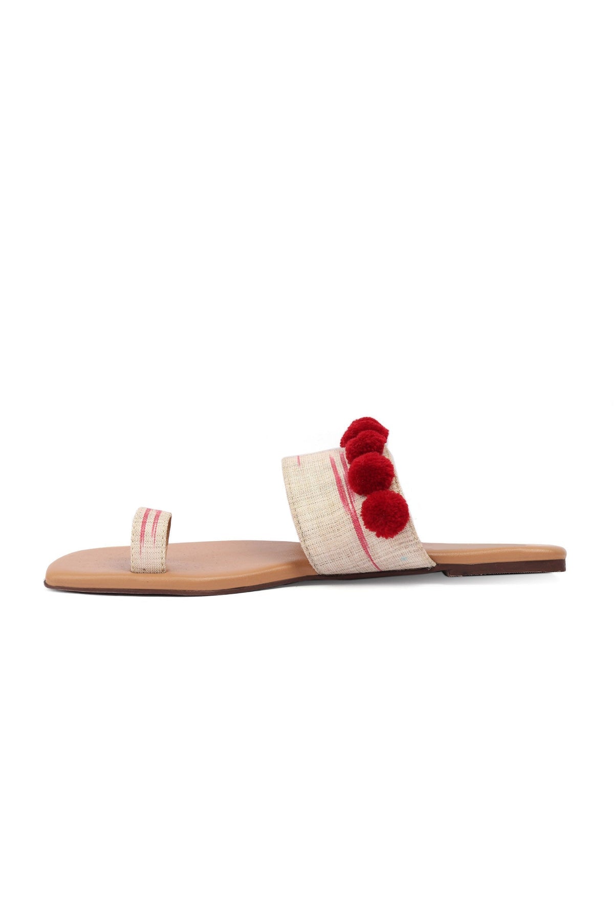 Tawny Brown Ikat One Toe Cruelty Free Leather Flats with Red Pom Pom サイズ EU39