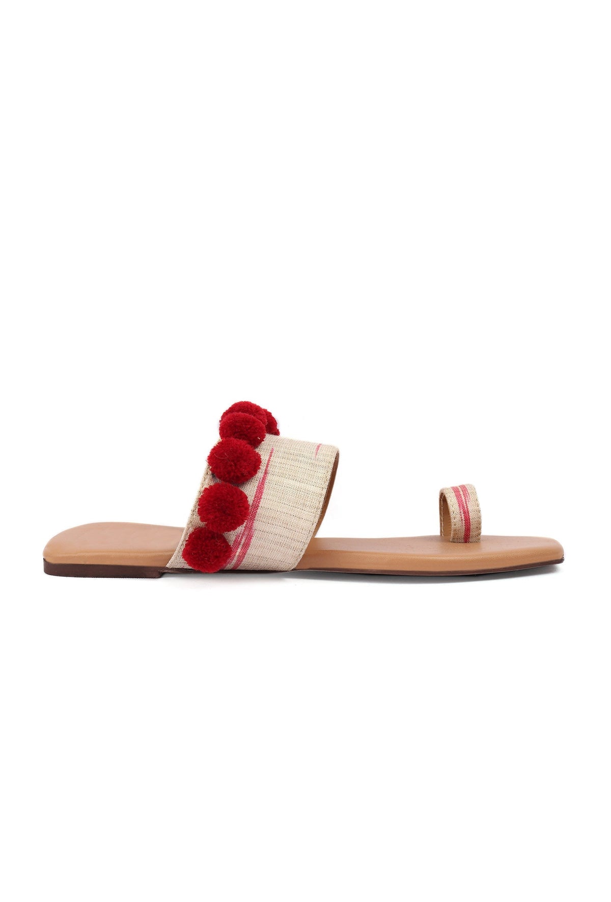 Tawny Brown Ikat One Toe Cruelty Free Leather Flats with Red Pom Pom サイズ EU38