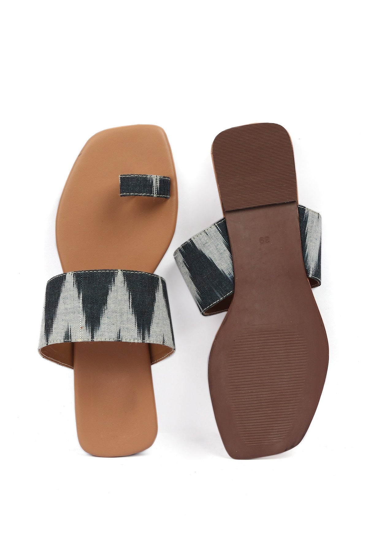 Black & Caramel Brown Ikat One Toe Cruelty Free Leather Flats サイズ EU38