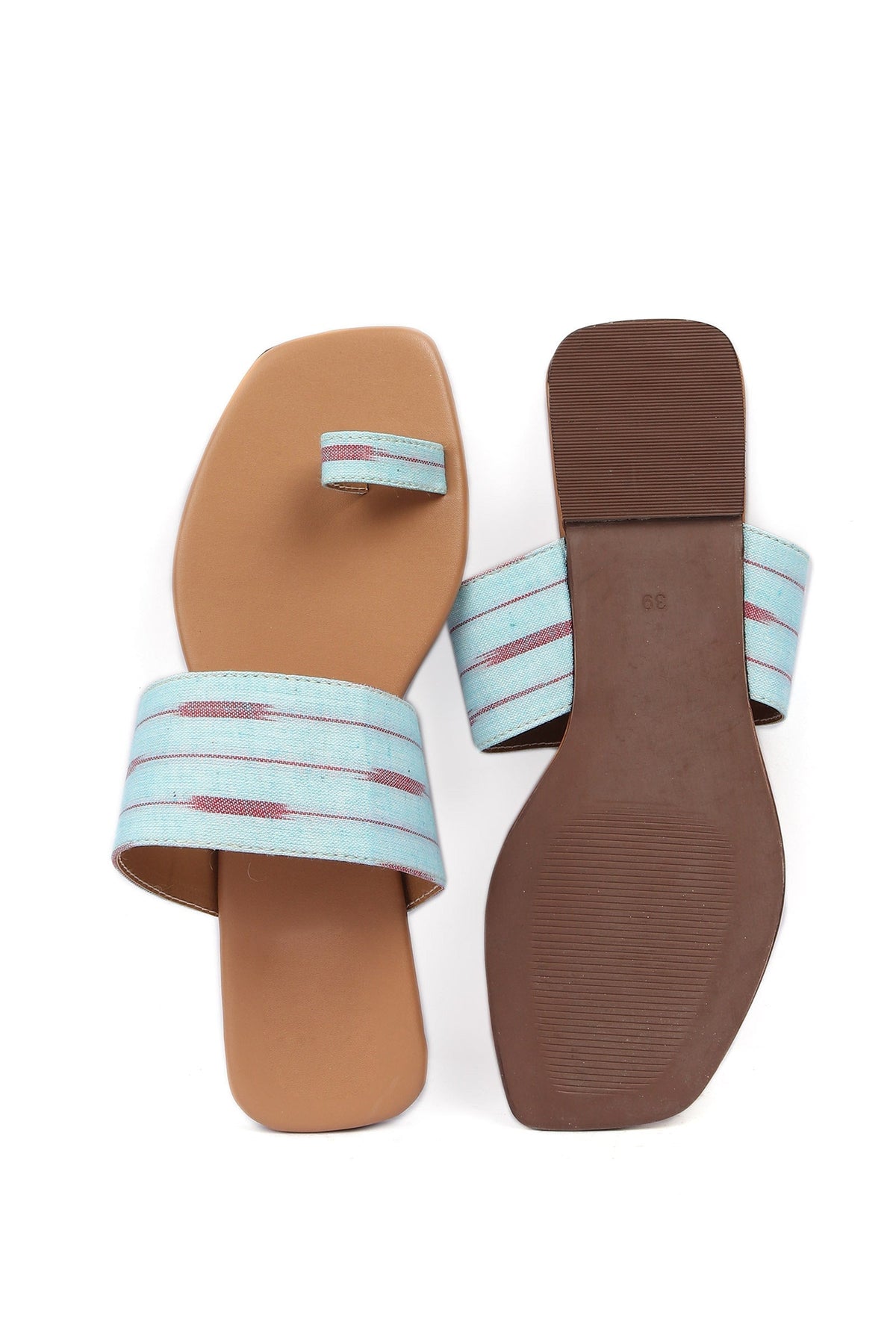 Arctic Blue & Cinnamon Brown Ikat One Toe Cruelty Free Leather Flats サイズ EU38