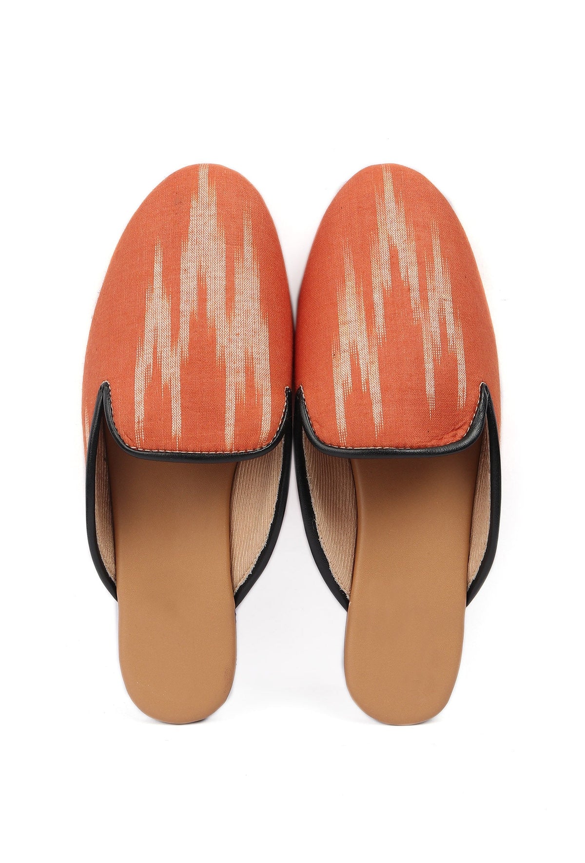 Fire Orange & Tawny Brown Ikat Flat Cruelty Free Leather Mules サイズ EU38