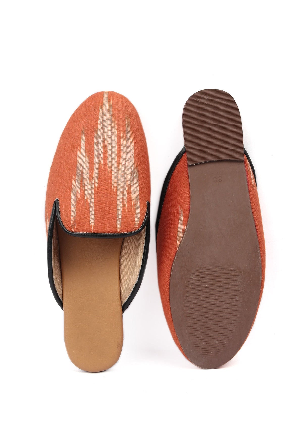 Fire Orange & Tawny Brown Ikat Flat Cruelty Free Leather Mules サイズ EU37