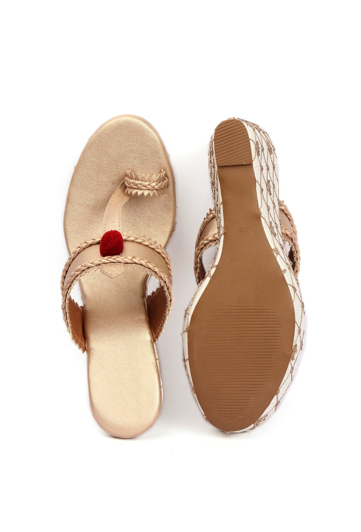 Vainavi Golden Fringed Hand Embroidered Braided One Toe Wedges サイズ EU36