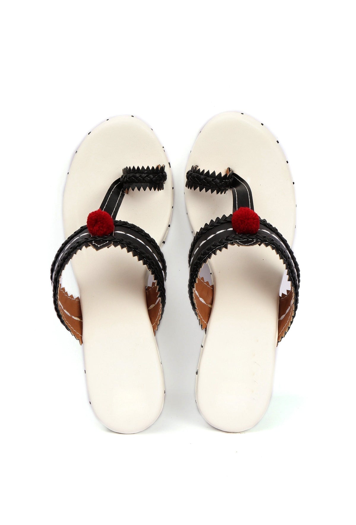 Lohini White & Black Fringed Kolhapuri One Toe Wedges サイズ EU35