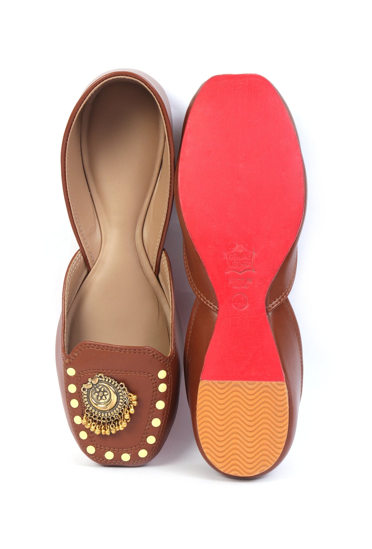 Tan Delight: Golden Chandbali Jutti with Yellow Dots サイズ EU38